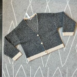 J. Crew Jacquard V-neck Lady Jacket Black & Tan Boxy Wool Blend Classic Cardigan